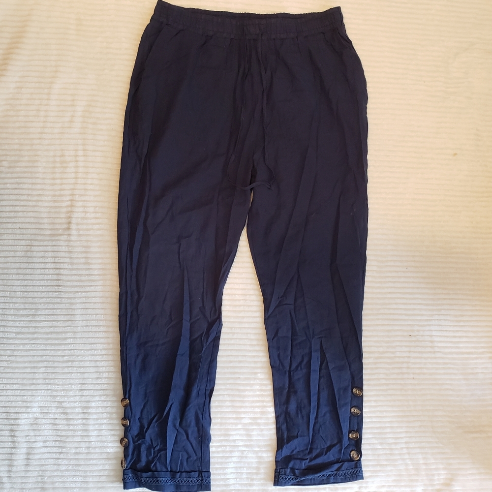 Womens Lightweight Navy Blue Cotton Pants w/ Button Detail & Trim Edge XXL